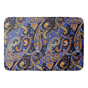 Vibrant Navy & Orange Bohemian Paisley Pattern Bath Mat