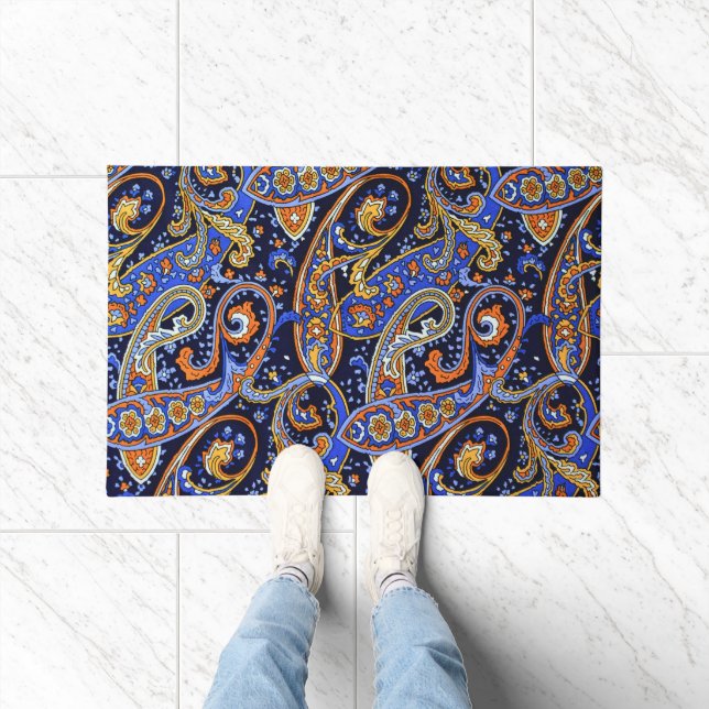 Vibrant Navy & Orange Bohemian Paisley Pattern Doormat (Indoor)