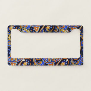 Vibrant Navy & Orange Bohemian Paisley Pattern License Plate Frame