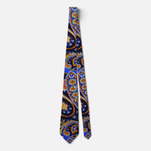 Vibrant Navy & Orange Bohemian Paisley Pattern Neck Tie