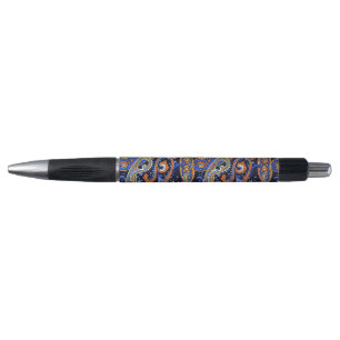 Vibrant Navy & Orange Bohemian Paisley Pattern Pen