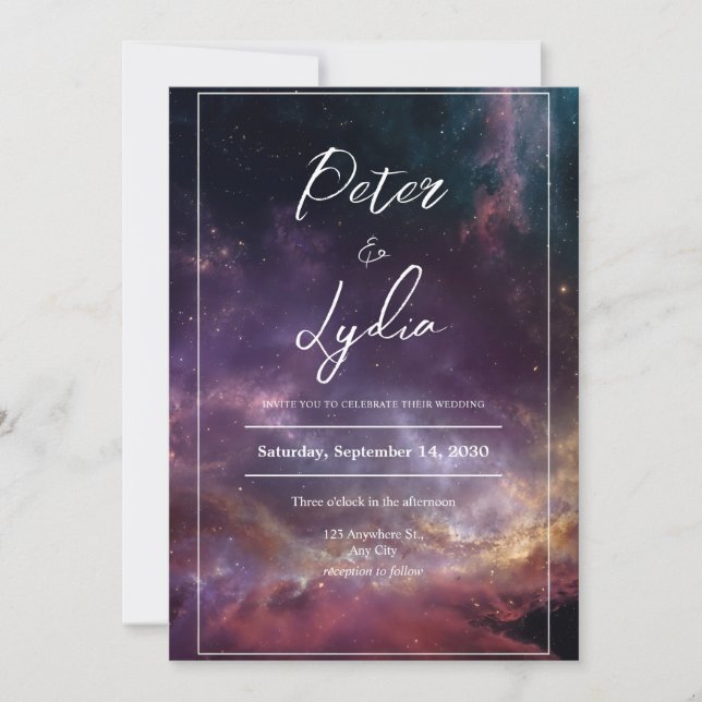 Vibrant Nebula Purple Red Gold Celestial Wedding Invitation (Front)