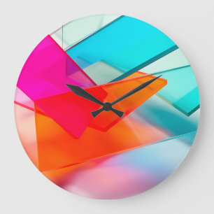 Vibrant Neon Abstract 3D Translucent Rectangles Large Clock