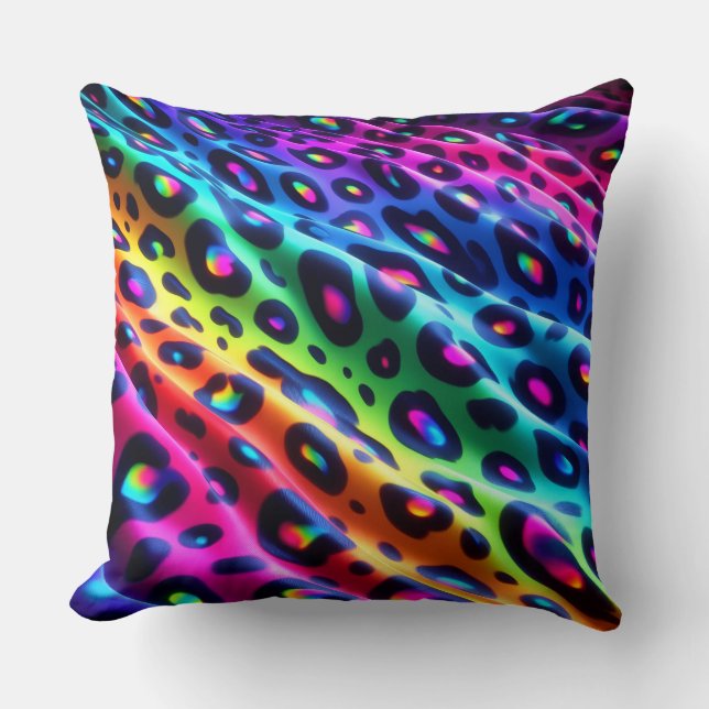 Vibrant Neon Accents | Rainbow Leopard Print Throw Pillow (Front)