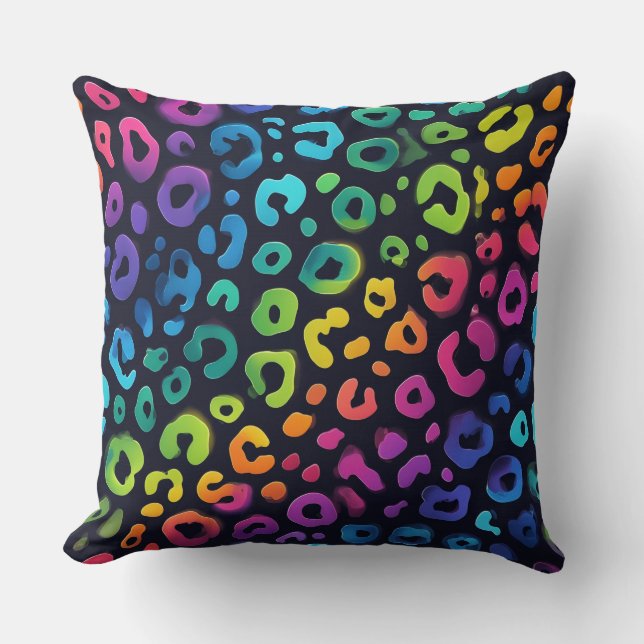 Vibrant Neon Accents | Rainbow Leopard Print Throw Pillow (Front)