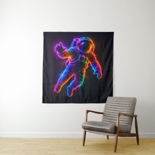 Vibrant Neon Astronaut Floating in Space Wall Tapestry