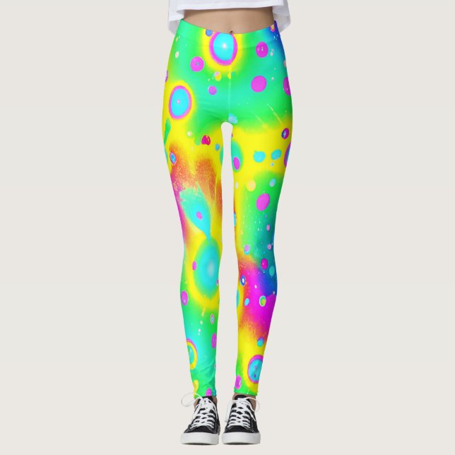 Vibrant Neon Blaze Pattern Leggings (Front)