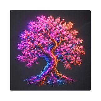 Vibrant Neon Cherry Blossom Tree with Electric Art