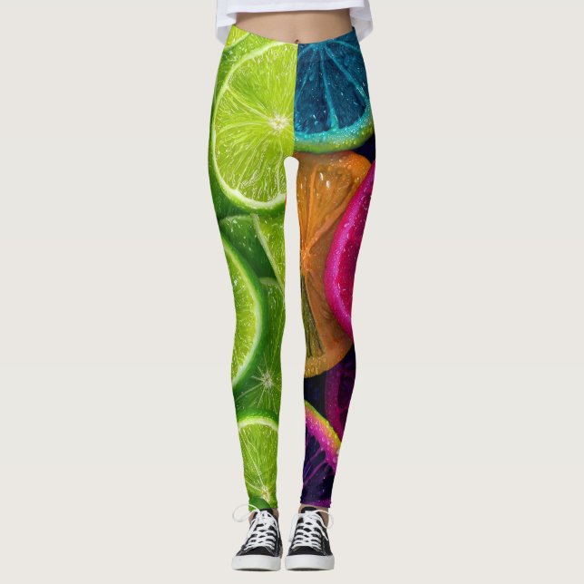 Vibrant Neon Citrus Lime & Lemon Slices Wrap Leggings (Front)