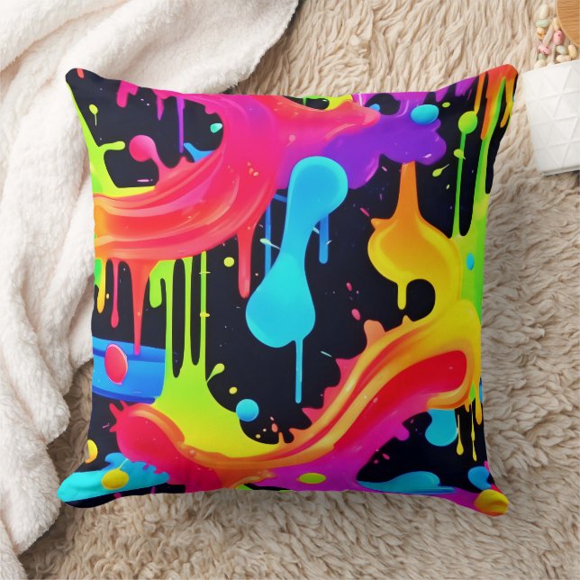 Vibrant Neon Color Splash Art Throw Pillow (Blanket)