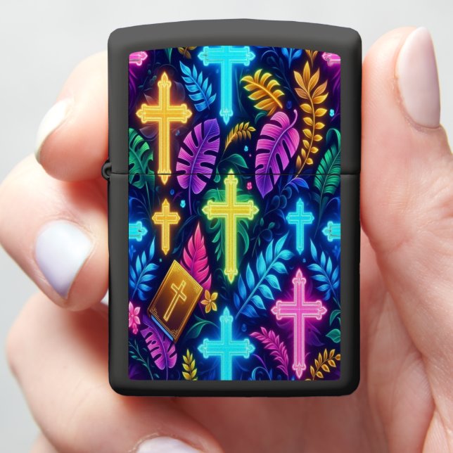 Vibrant Neon Crosses Amidst Tropical Leaves b Zippo Lighter (In Hand)