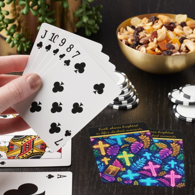 Vibrant Neon Crosses Amidst Tropical Leaves Poker Cards (In Situ)