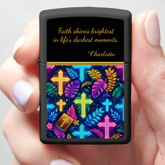 Vibrant Neon Crosses Amidst Tropical Leaves Zippo Lighter (In Hand)