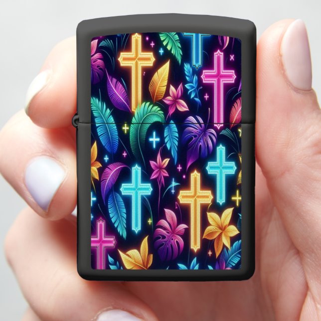 Vibrant Neon Crosses Among Tropical Foliage b Zippo Lighter (In Hand)