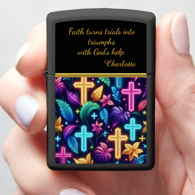Vibrant Neon Crosses Among Tropical Foliage Zippo Lighter (In Hand)