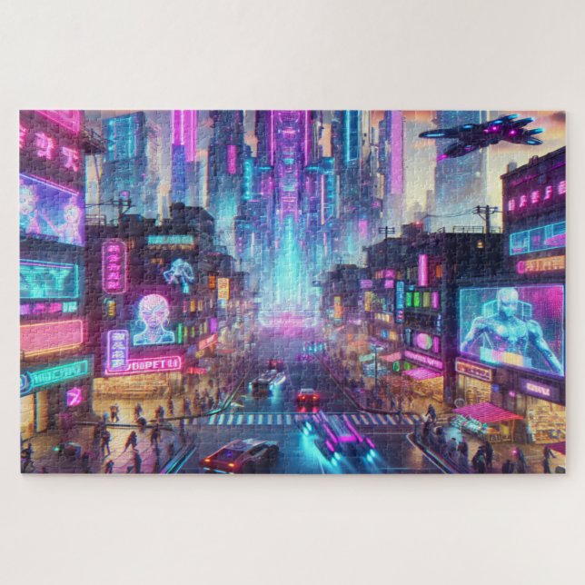 Vibrant Neon Cyberpunk Cityscape Fantasy | Jigsaw Puzzle (Horizontal)
