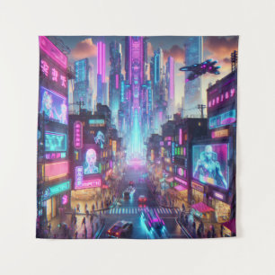 Vibrant Neon Cyberpunk Cityscape Fantasy   Tapestry
