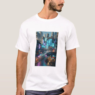 Vibrant Neon Cyberpunk Cityscape Futuristic T-Shirt