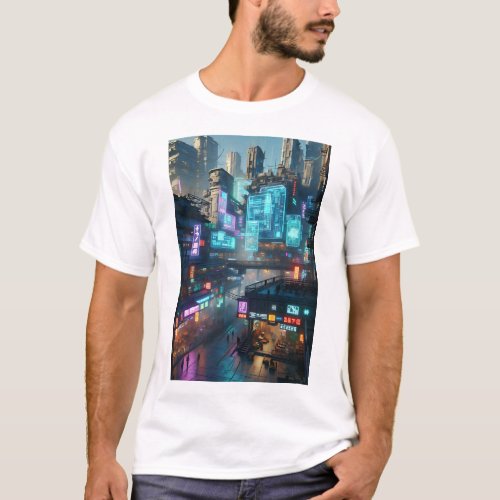 Vibrant Neon Cyberpunk Cityscape Futuristic T_Shirt