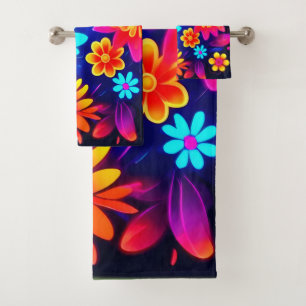 Vibrant Neon Floral Art Bath Towel Set