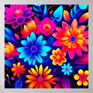 Vibrant Neon Floral Art Poster