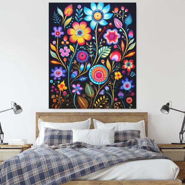 Vibrant Neon Floral Black Background Wood Plaque Canvas Print (Insitu(Bedroom))