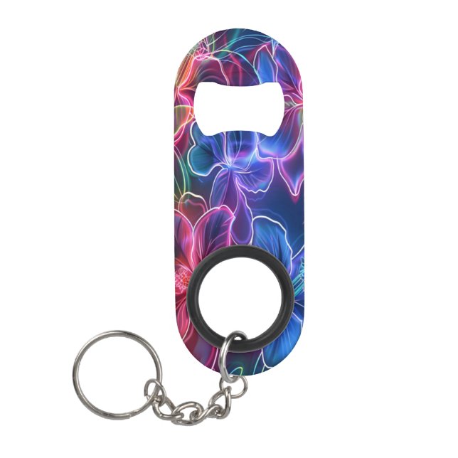 Vibrant Neon Floral Pattern in Dark Background Keychain Bottle Opener (Front)