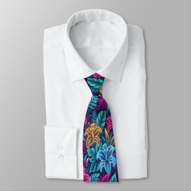 Vibrant Neon Floral Patterns Illuminate Night  Neck Tie (Tied)