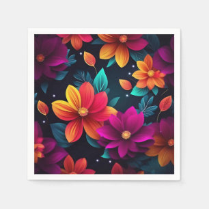 Vibrant Neon Flowers on Dark Napkins