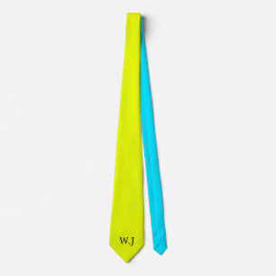 Vibrant neon fluorescent yellow blue monogram neck tie