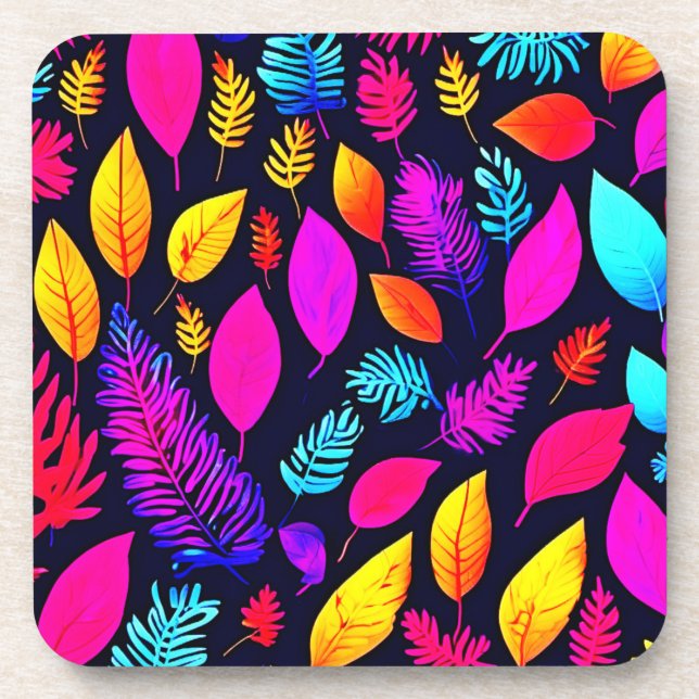 Vibrant Neon Foliage: Captivating Leaves Pattern Beverage Coaster (Front)