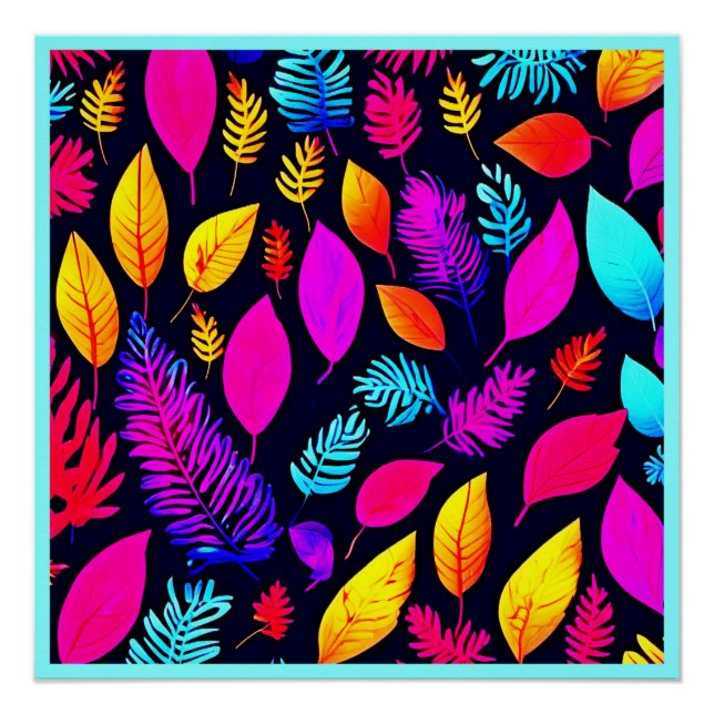 Vibrant Neon Foliage: Captivating Leaves Pattern Poster (Front)