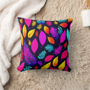 Vibrant Neon Foliage: Captivating Leaves Pattern Throw Pillow