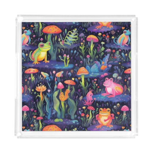 Vibrant neon frogs pattern acrylic tray