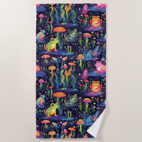 Vibrant neon frogs pattern beach towel