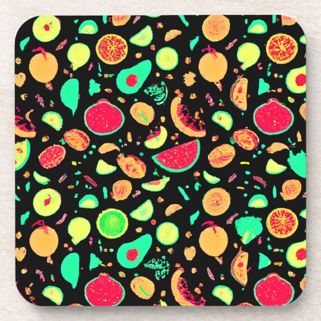 Vibrant Neon Fruits Pattern Beverage Coaster (Front)