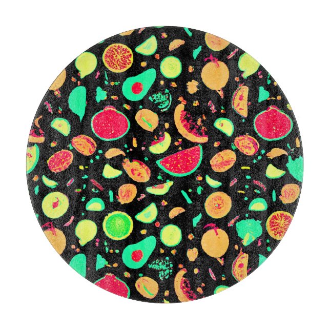 Vibrant Neon Fruits Pattern Cutting Board (Front)