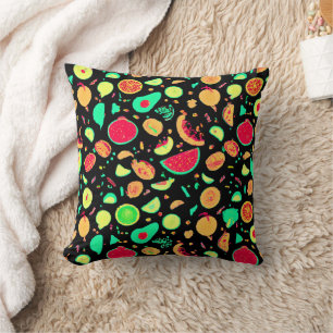 Vibrant Neon Fruits Pattern Throw Pillow