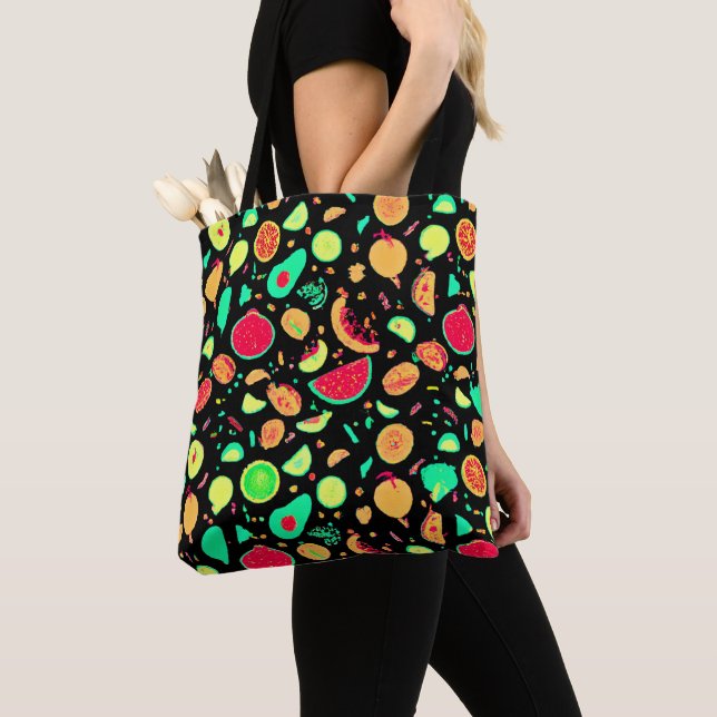 Vibrant Neon Fruits Pattern Tote Bag (Close Up)