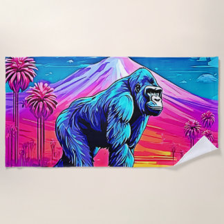 Vibrant Neon Gorilla in a Surreal Jungle Scene Beach Towel
