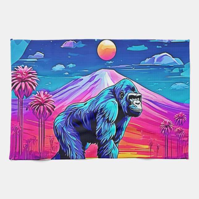 Vibrant Neon Gorilla in a Surreal Jungle Scene Kitchen Towel (Horizontal)