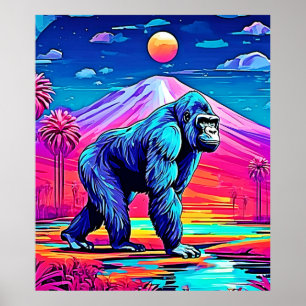 Vibrant Neon Gorilla in a Surreal Jungle Scene Poster