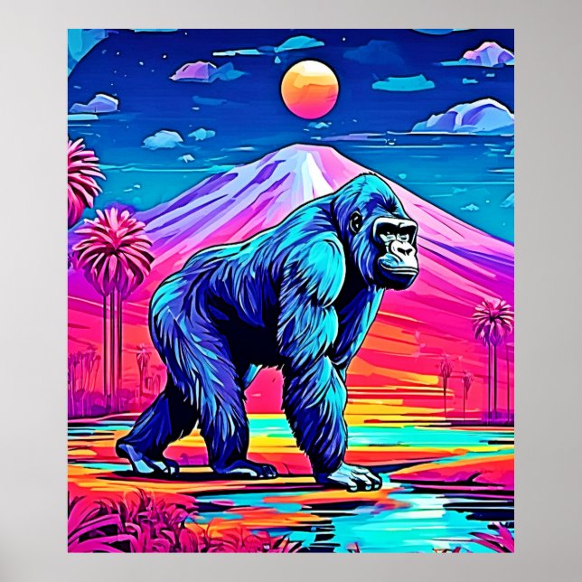 Vibrant Neon Gorilla in a Surreal Jungle Scene Poster (Front)