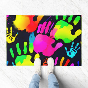 Vibrant Neon Handprint Art Doormat