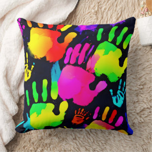 Vibrant Neon Handprint Art Throw Pillow