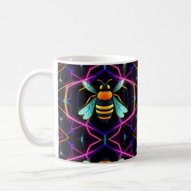  Vibrant Neon Honeybee with Abstract Hexagonal  Coffee Mug (Left)