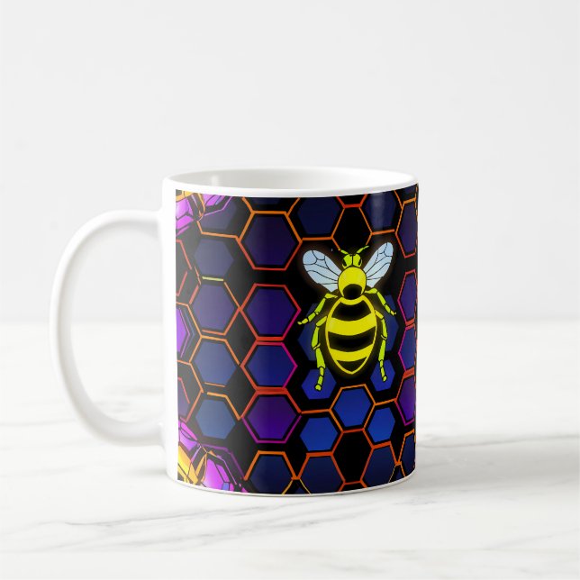 Vibrant Neon Honeybee with Abstract Hexagonal  Coffee Mug (Left)