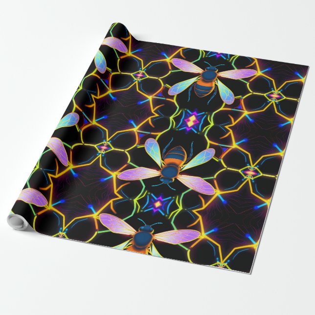  Vibrant Neon Honeybee with Abstract Hexagonal  Wrapping Paper (Unrolled)