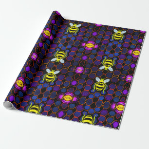 Vibrant Neon Honeybee with Abstract Hexagonal Wrapping Paper