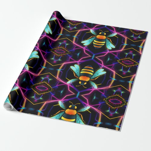  Vibrant Neon Honeybee with Abstract Hexagonal  Wrapping Paper